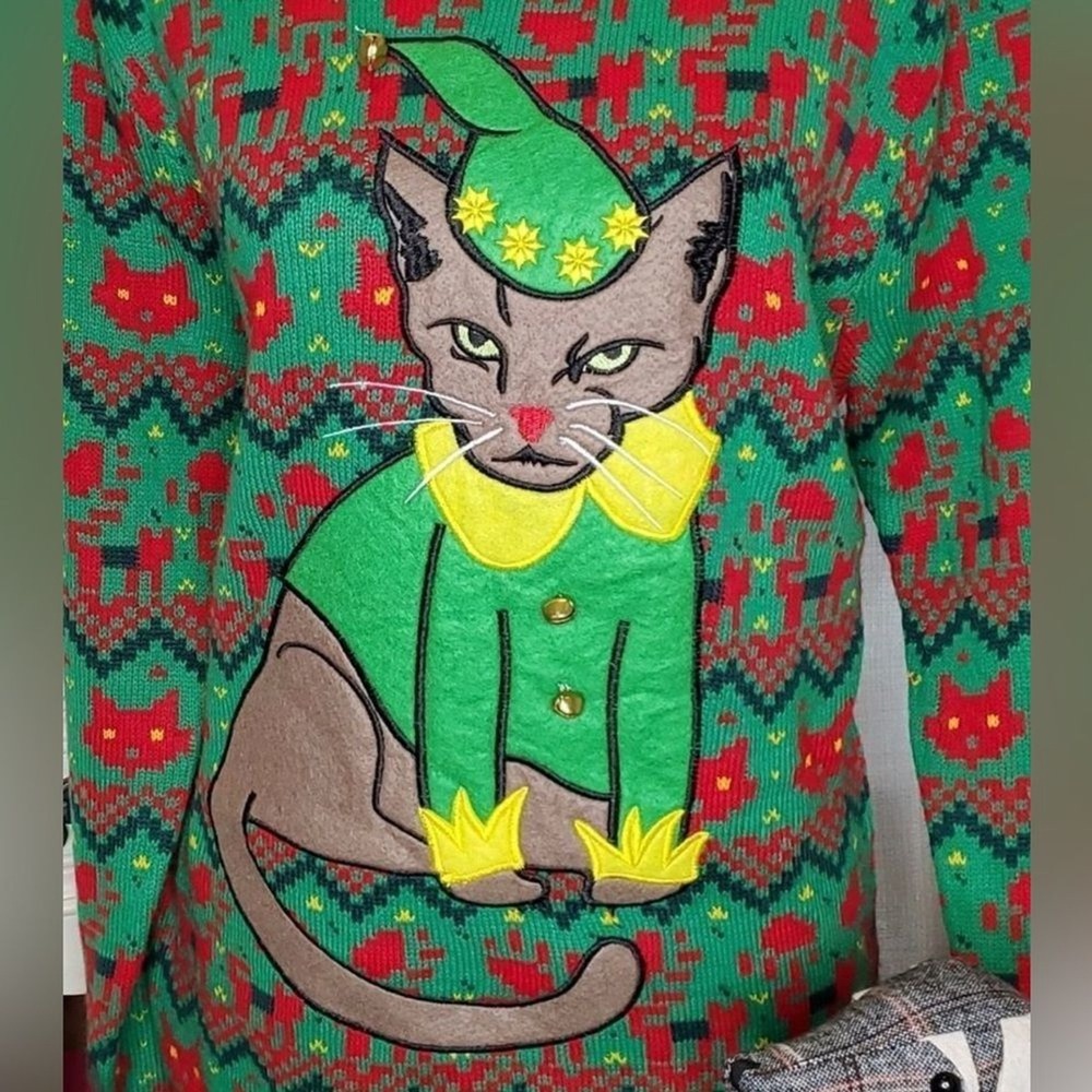 Ugly Christmas Sweater Cat Elf Novelty Pullover Green Red Holiday Party Unisex